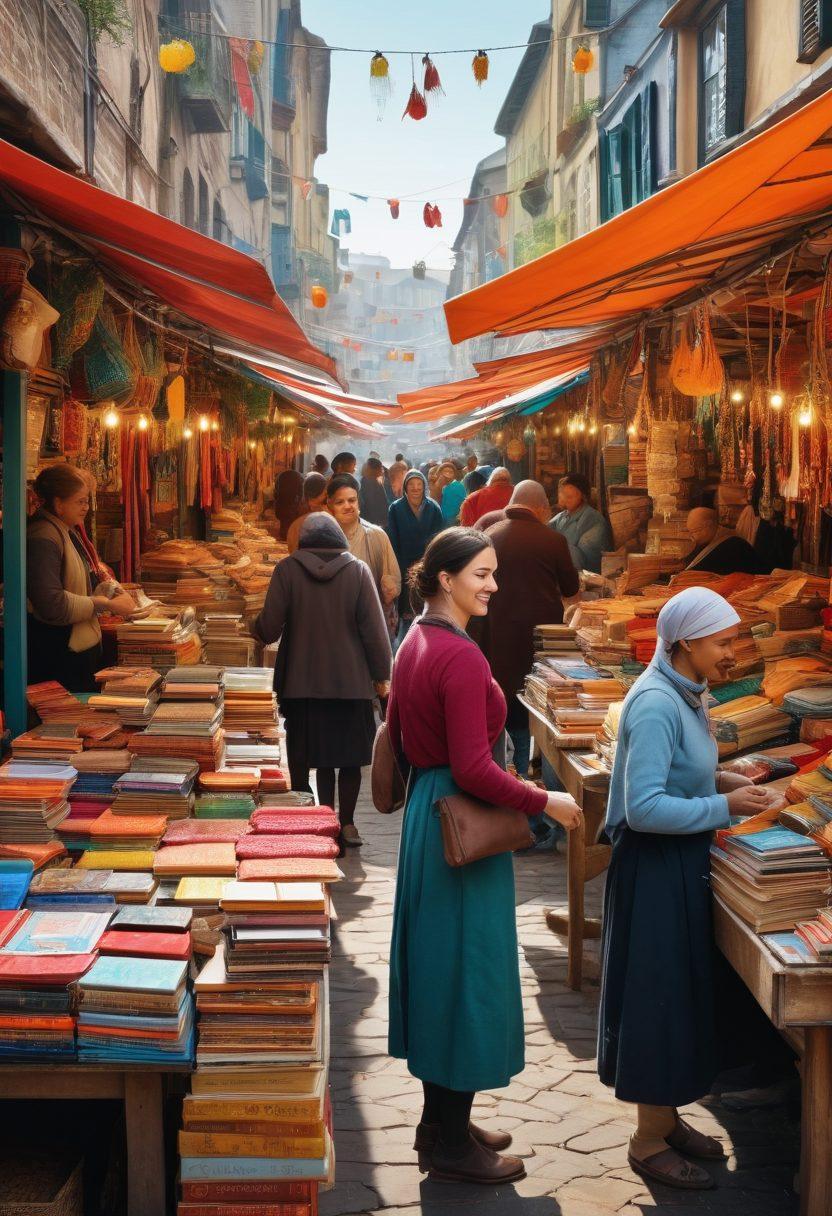 A vibrant marketplace scene depicting diverse individuals engaged in swapping goods instead of selling, emphasizing connection and interaction. Include items like books, clothing, and art being exchanged, showcasing lively expressions and gestures. Highlight contrasting colors to symbolize the dynamic relationships in trade. The background should feature colorful market stalls with intricate details. super-realistic. vibrant colors. dynamic composition.