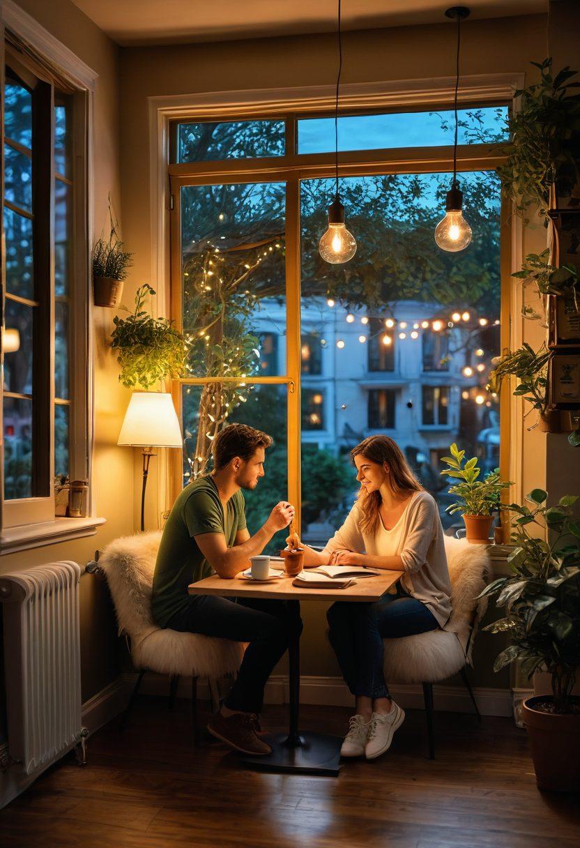 A couple sitting at a cozy café, engaging in deep conversation over coffee, surrounded by romantic decorations like fairy lights and plants. In the foreground, a notebook with relationship tips visibly written on it, while the background shows a warm sunset filtering through the window, symbolizing love and connection. super-realistic. vibrant colors. warm lighting.