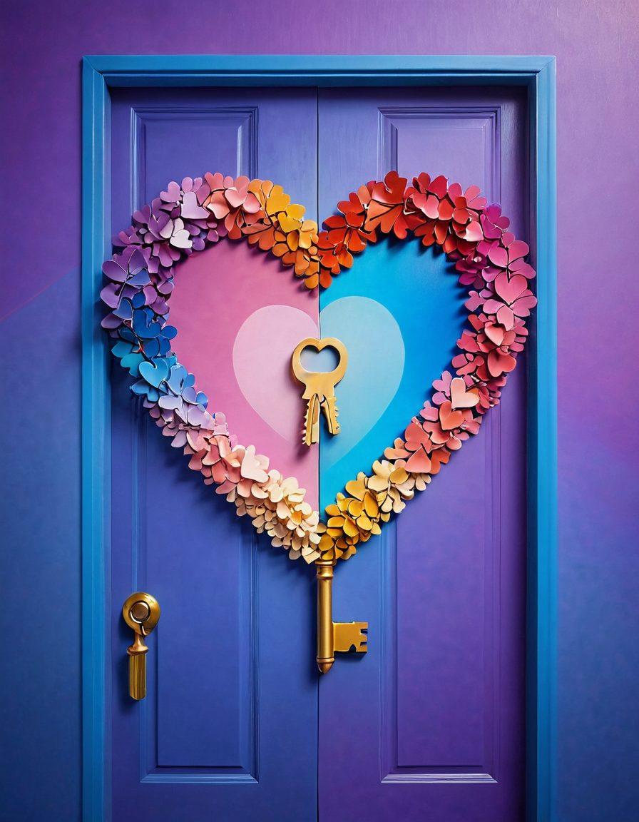 A heart-shaped key unlocking a colorful door filled with diverse couples interacting, showcasing the dynamics of modern relationships. Include visual metaphors like puzzle pieces coming together and threads intertwining. The background should have a soft gradient of colors symbolizing love and connection. Include subtle icons representing communication, trust, and exchange. vibrant colors. super-realistic.